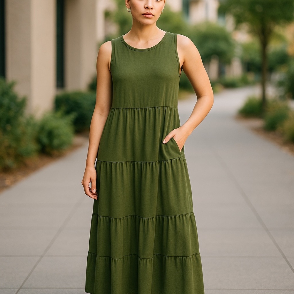 Green Tiered Sleeveless Maxi Sundress